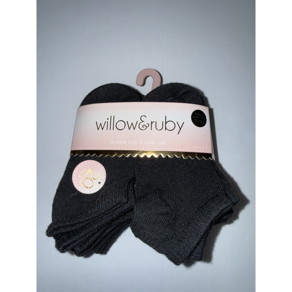 Willow & Ruby Girls 20 Pair Low Cut Ankle Socks Black 7-10 Moisture Wicking NWT